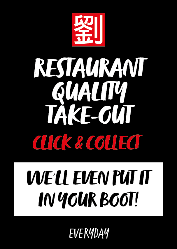 Poster promoting restaurant-quality take-out with click & collect service, including boot drop-off option.