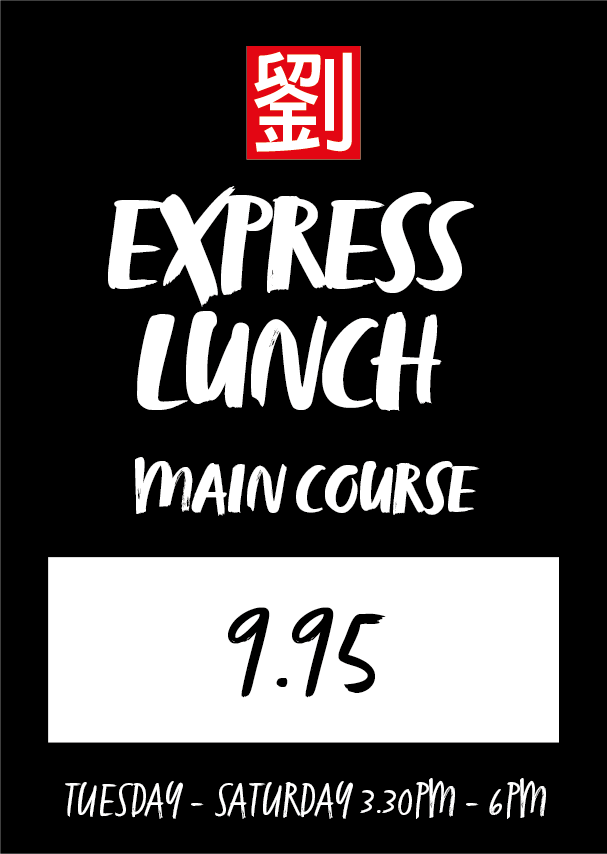 Promotional flyer for Express Lunch Main Course; price 9.95; Tue–Sat 3:30–6 PM.